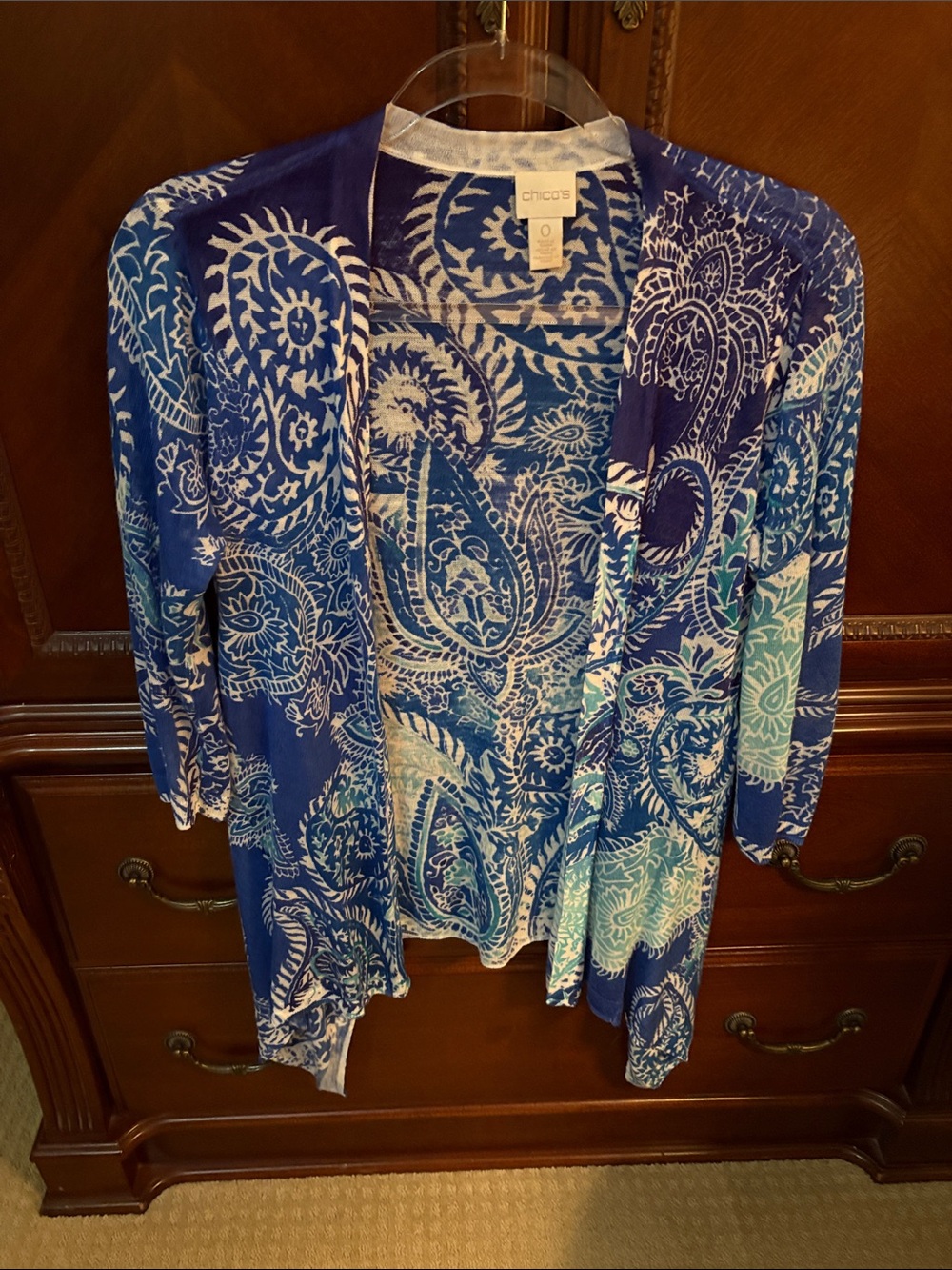 Chico's Blue and White Paisley Open-Front cardigan
